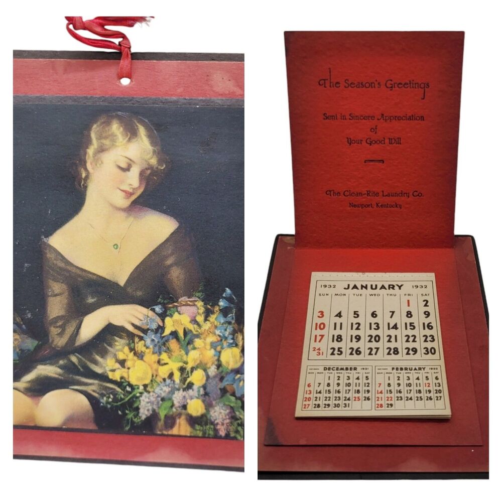 1932 Calendar Seasons Greetings Clean Rite Laundry Ad Newport KY French Lady